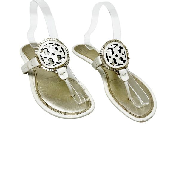 TORY BURCH Metallic Gold Cream Fringe Miller Logo Sandals Flip Flops Size 8 - Picture 1 of 9